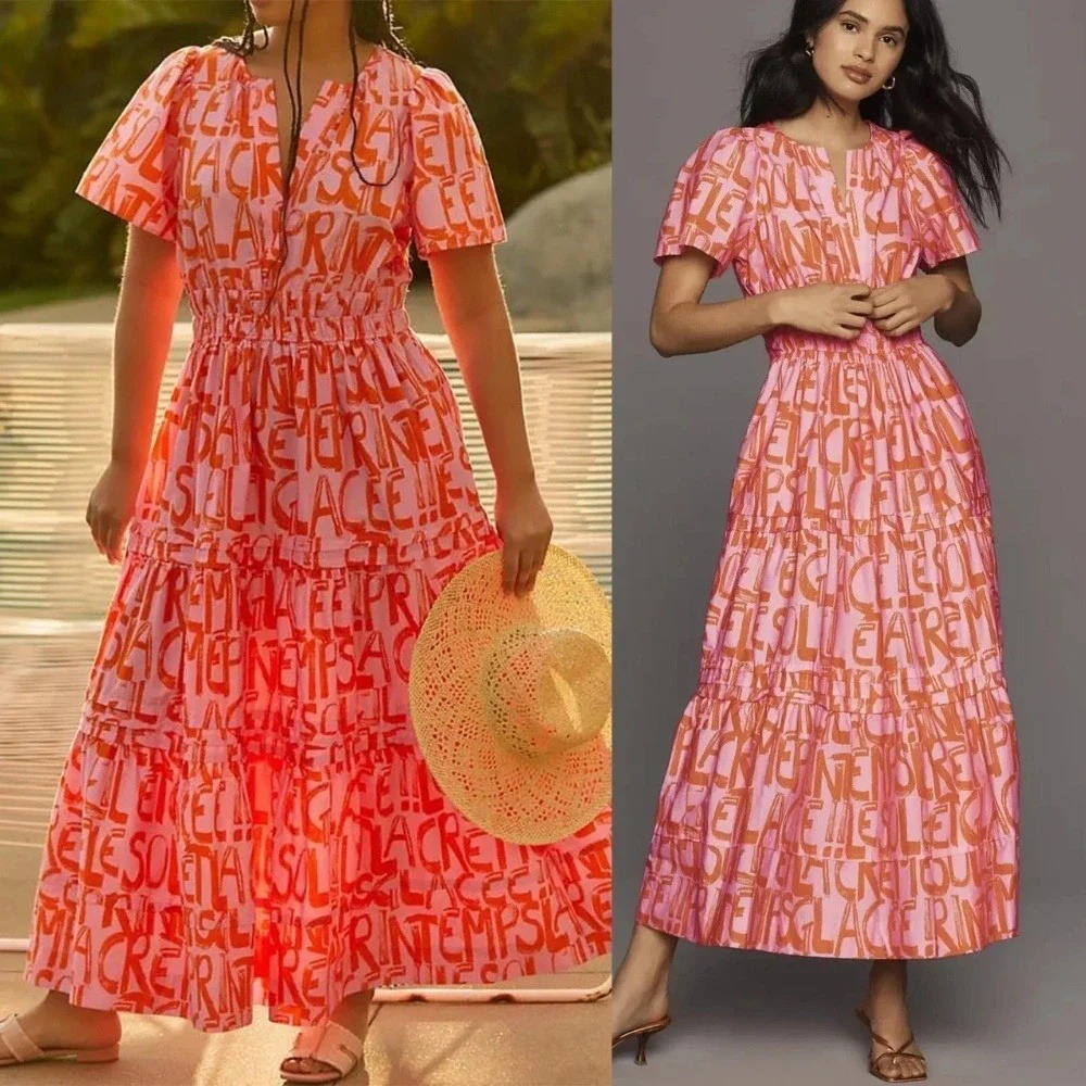 Anthropologie The Somerset Maxi Dress Pink French Writing XL